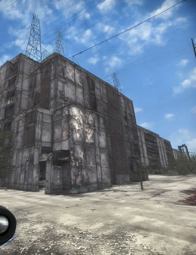 Weathered industrial building under blue sky with electricity pylons and vegetation remnants