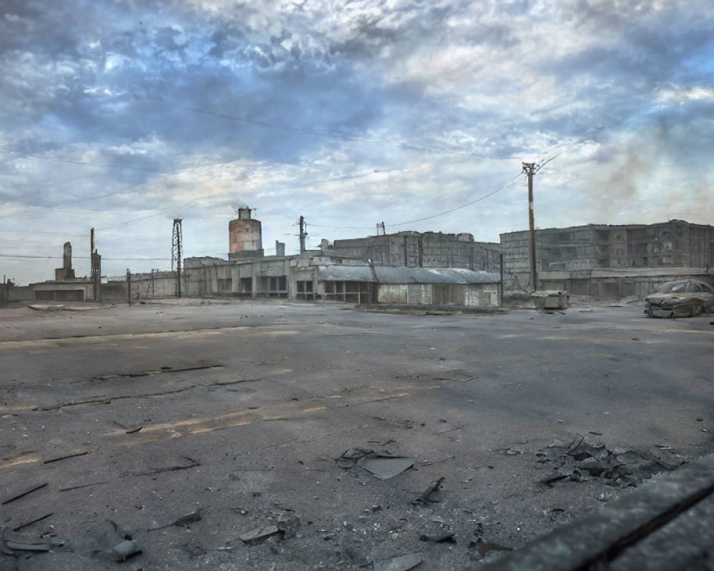 Desolate urban landscape with decaying buildings and abandoned car