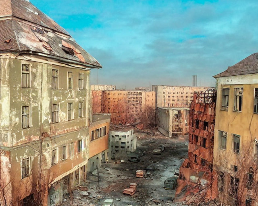 Dilapidated urban scene with abandoned buildings and vehicles at twilight