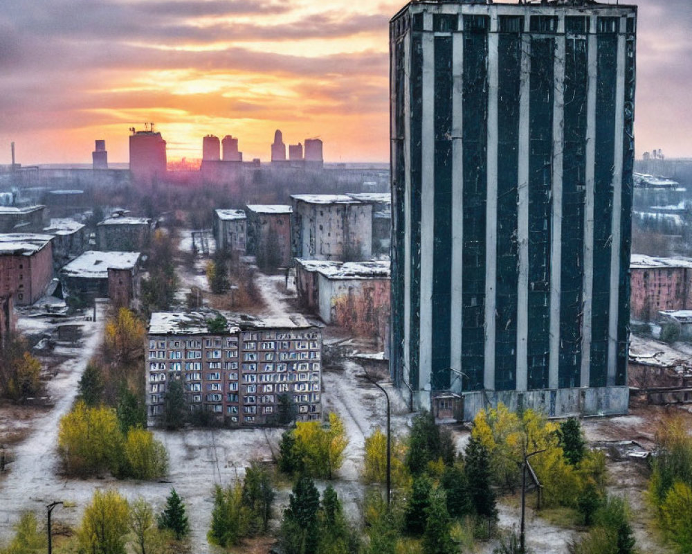 Abandoned high-rise building with decay and overgrown vegetation at sunset