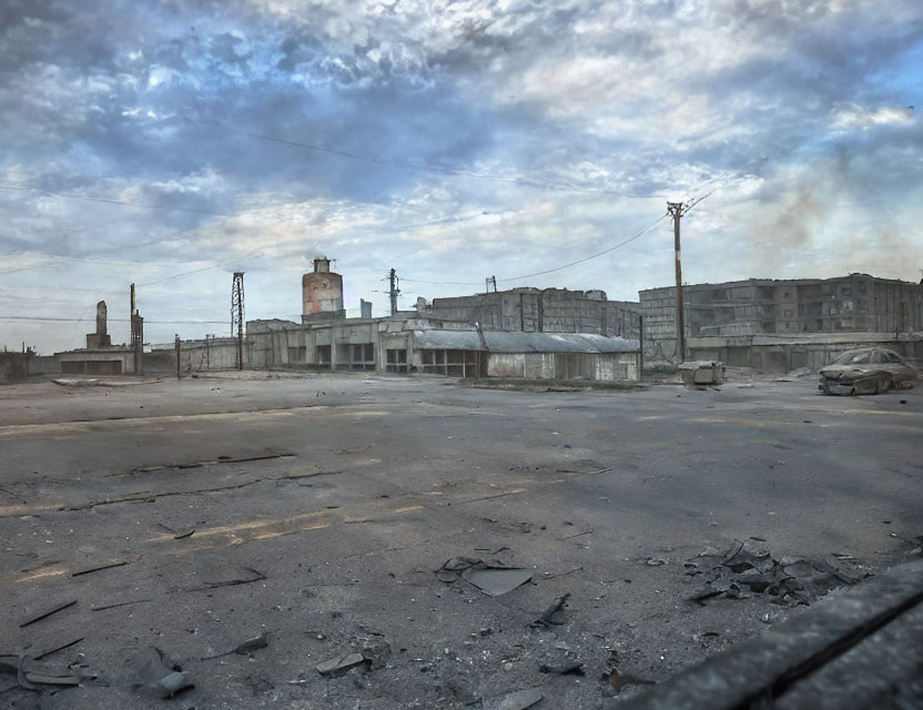 Desolate urban landscape with decaying buildings and abandoned car