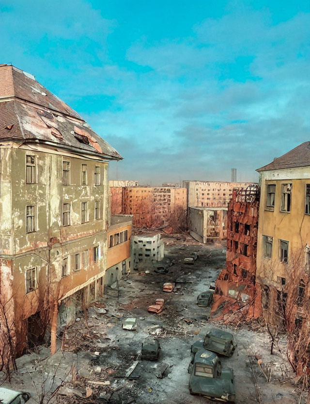 Dilapidated urban scene with abandoned buildings and vehicles at twilight