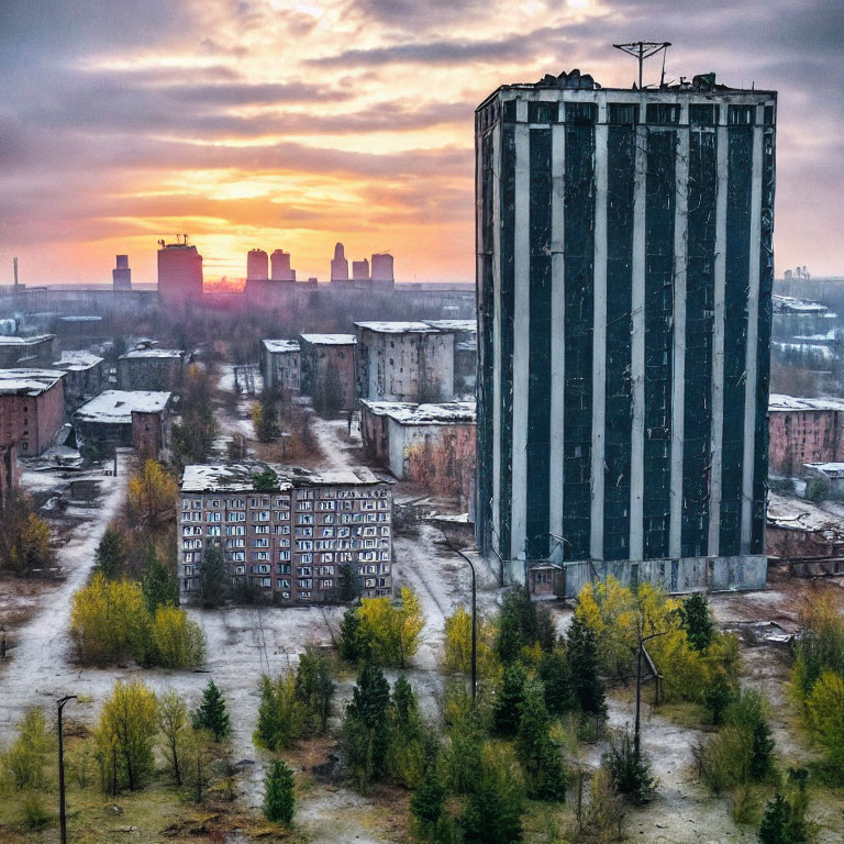Abandoned high-rise building with decay and overgrown vegetation at sunset