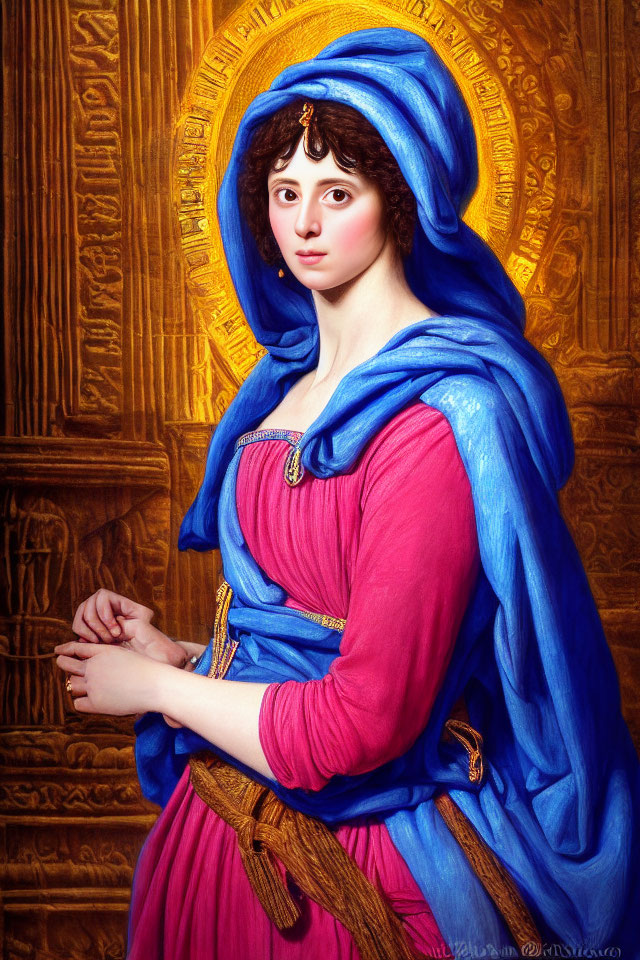 Classical portrait of woman in blue head covering and pink dress by wooden door