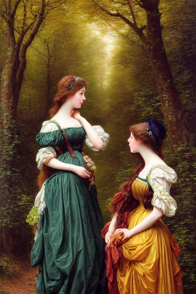 Two women in Renaissance dresses chatting in a forest with sunlight filtering through trees