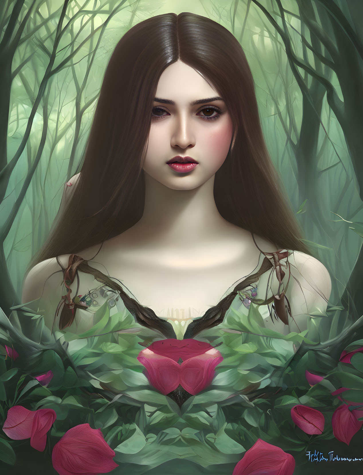 Brown-haired woman in mystical forest with pink roses.