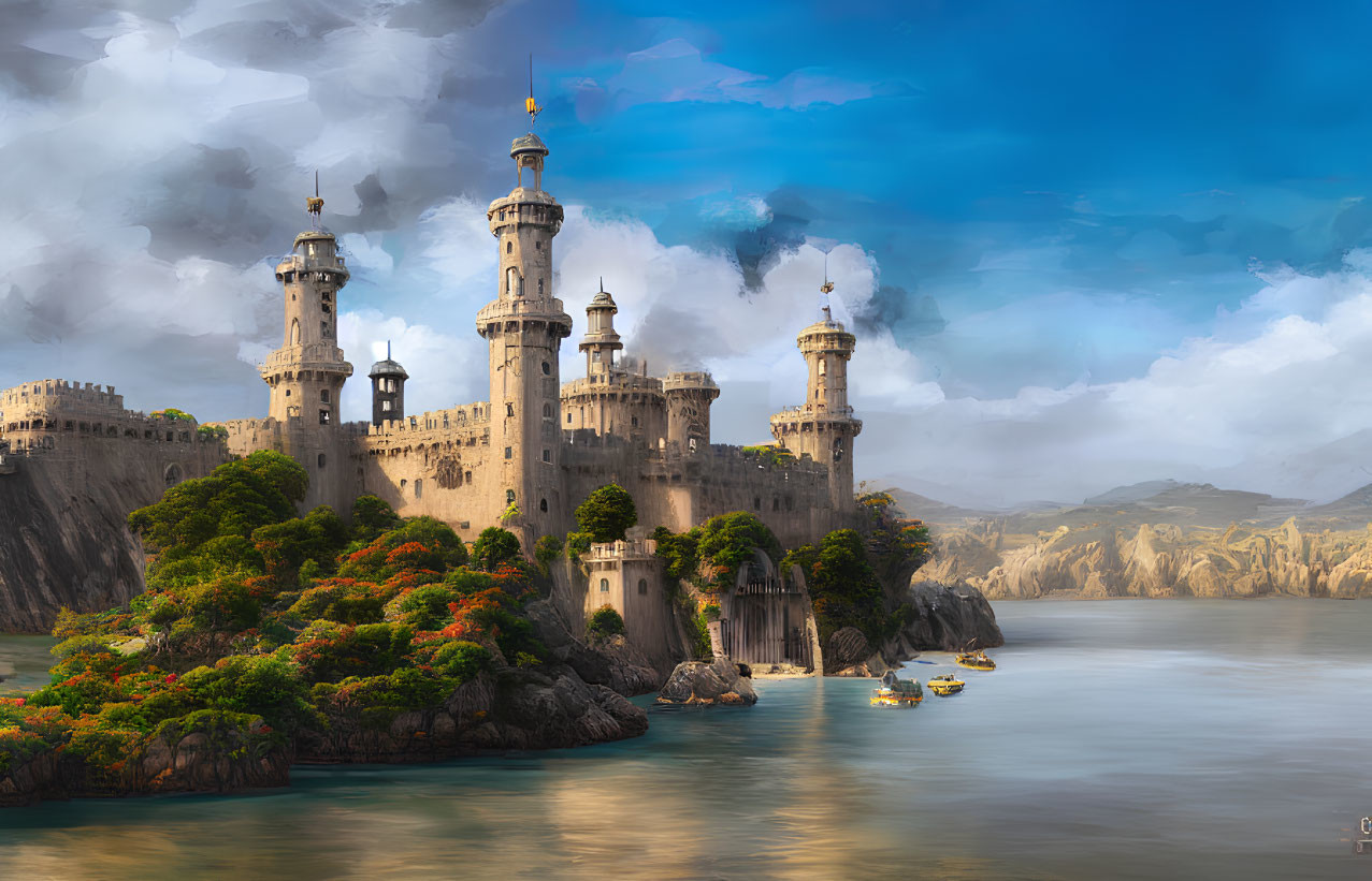 Stone castle with spires on coastal cliff in lush setting under dramatic sky