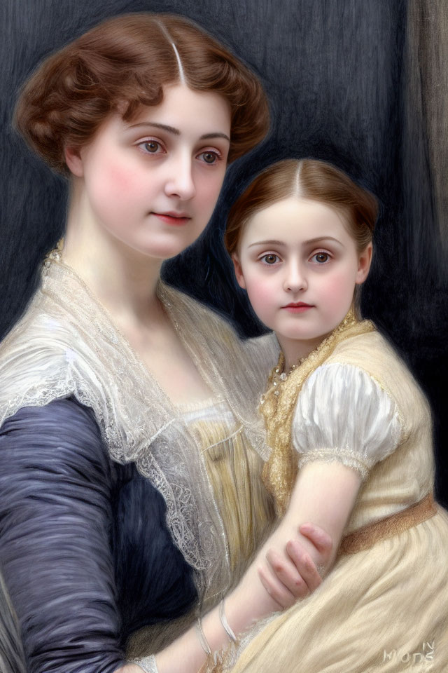 Vintage portrait of woman and girl in lace and yellow outfits