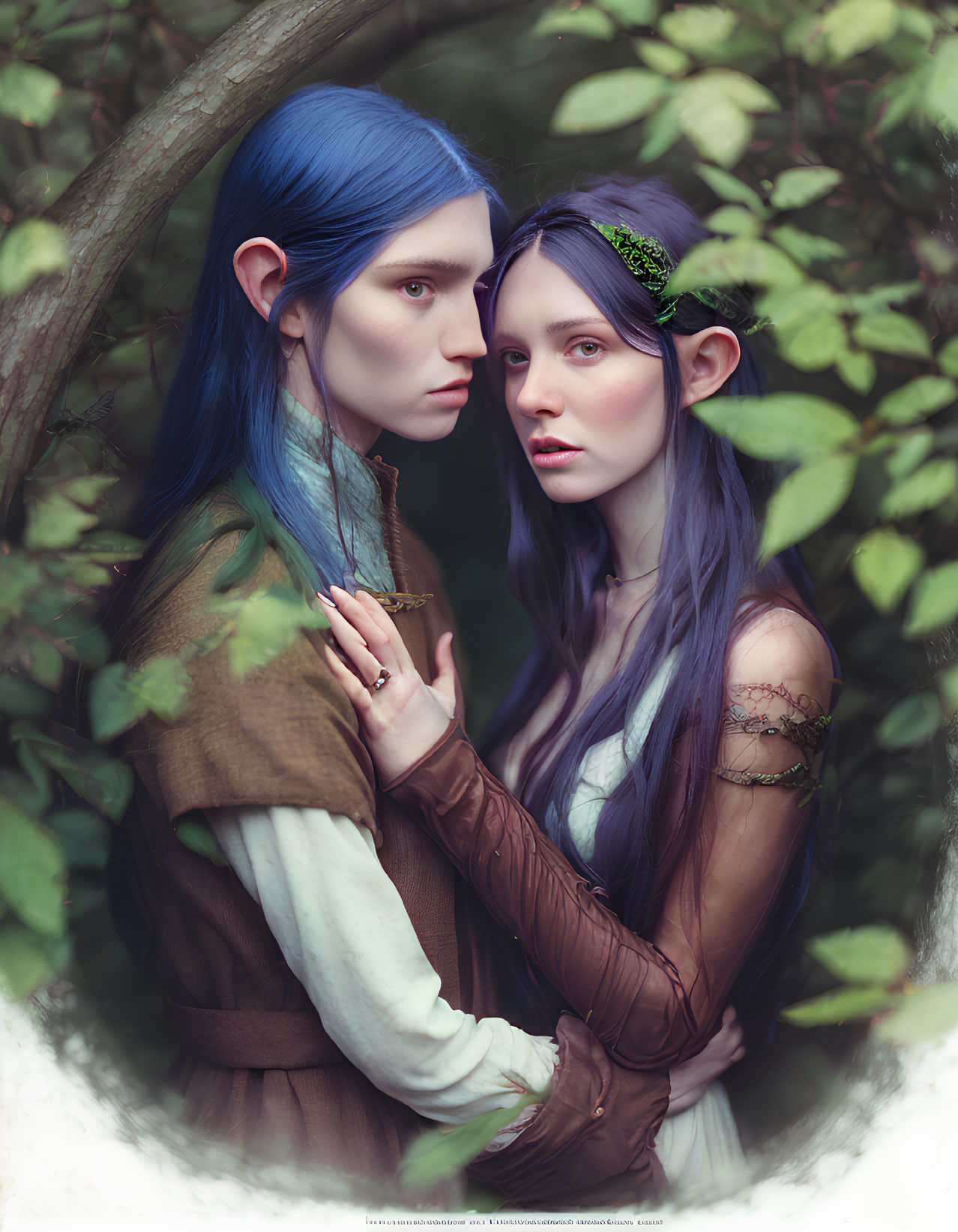 Fantasy Elf-Like Characters with Pointed Ears and Blue Hair in Intimate Pose among Green