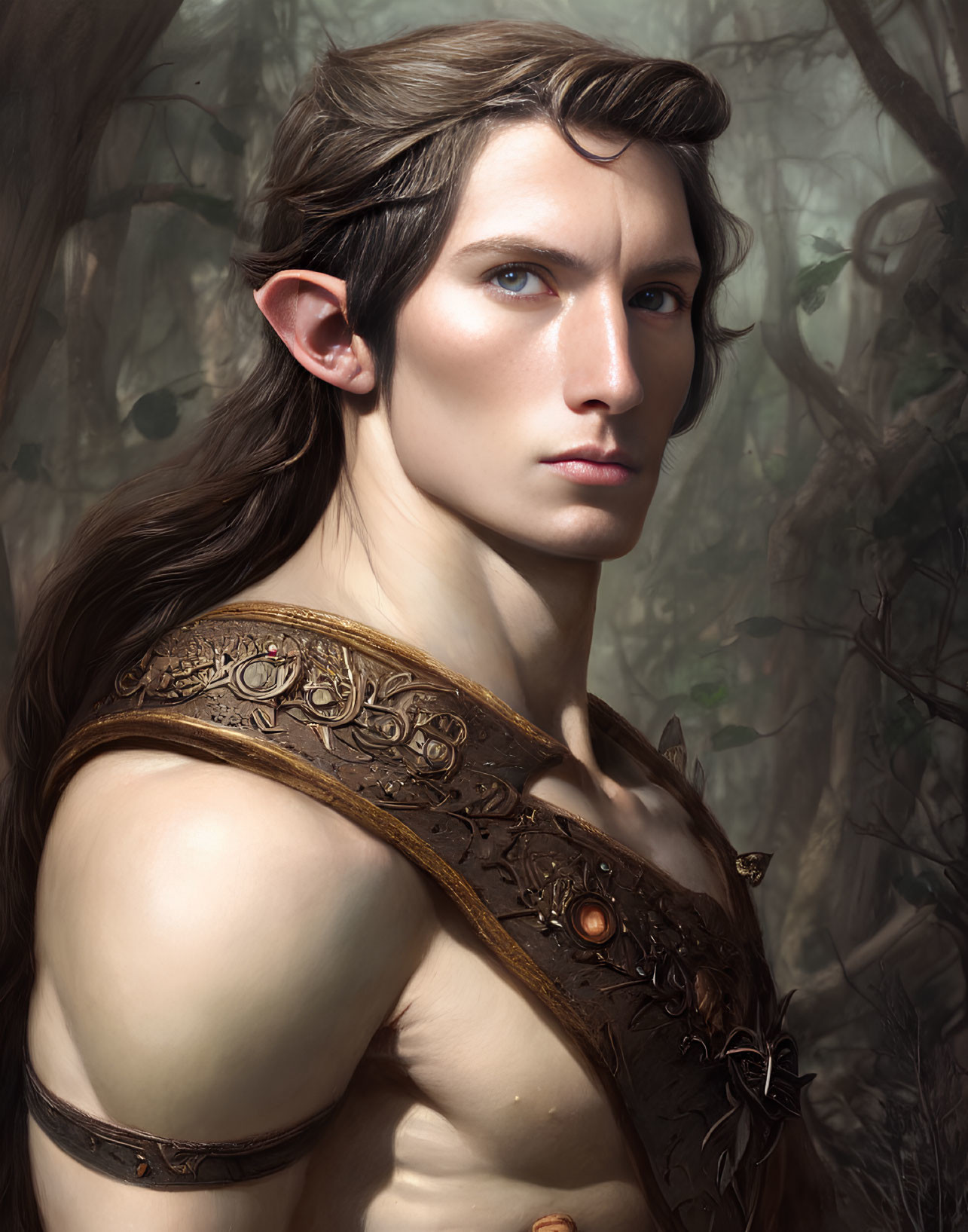 Detailed artwork: Elf with pointed ears, long hair, intense gaze, ornate leather armor in forest