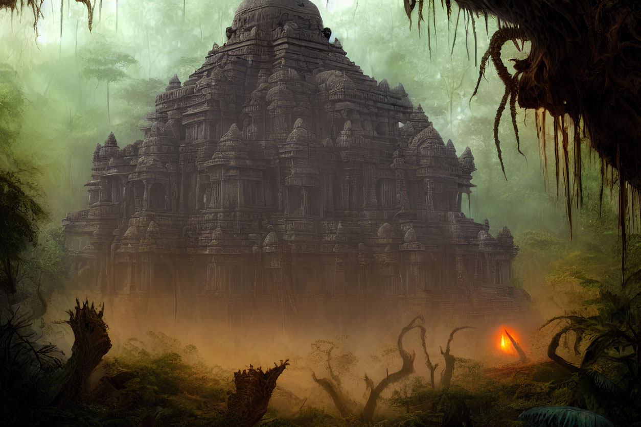 Ancient temple ruins in misty jungle with glowing fire