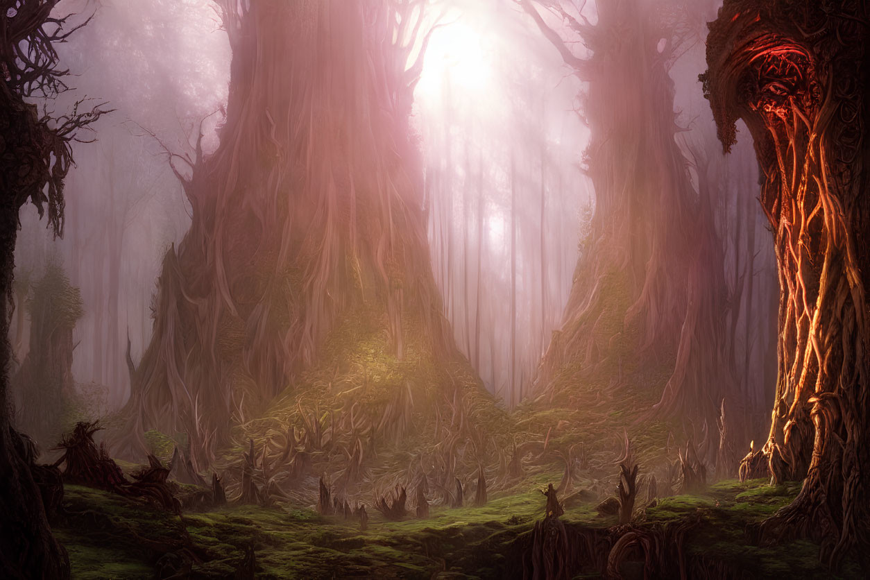 Mystical enchanted forest with ancient trees and intricate roots