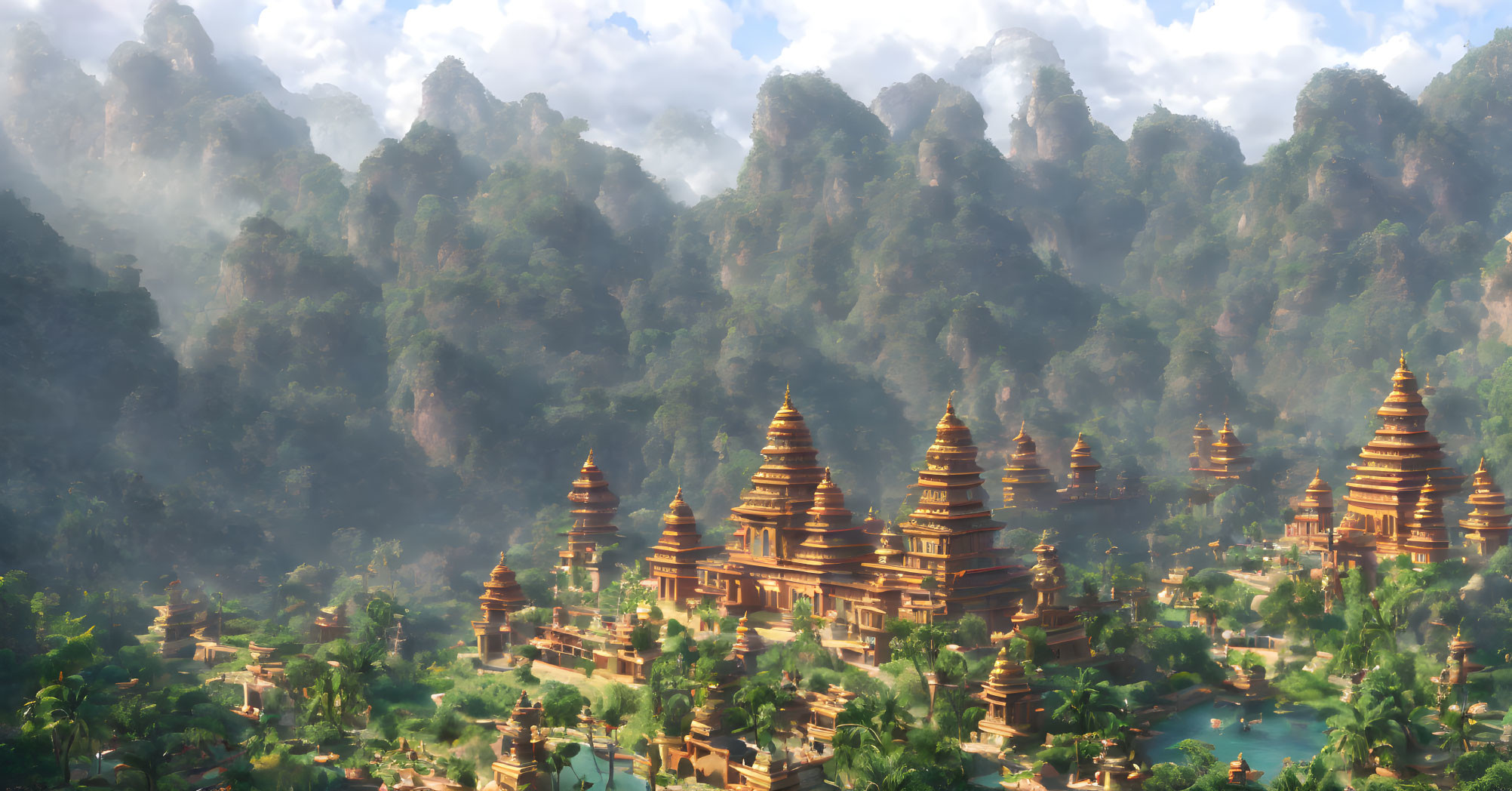 Mystical landscape with ancient pagoda temples, misty mountains, and tranquil waters