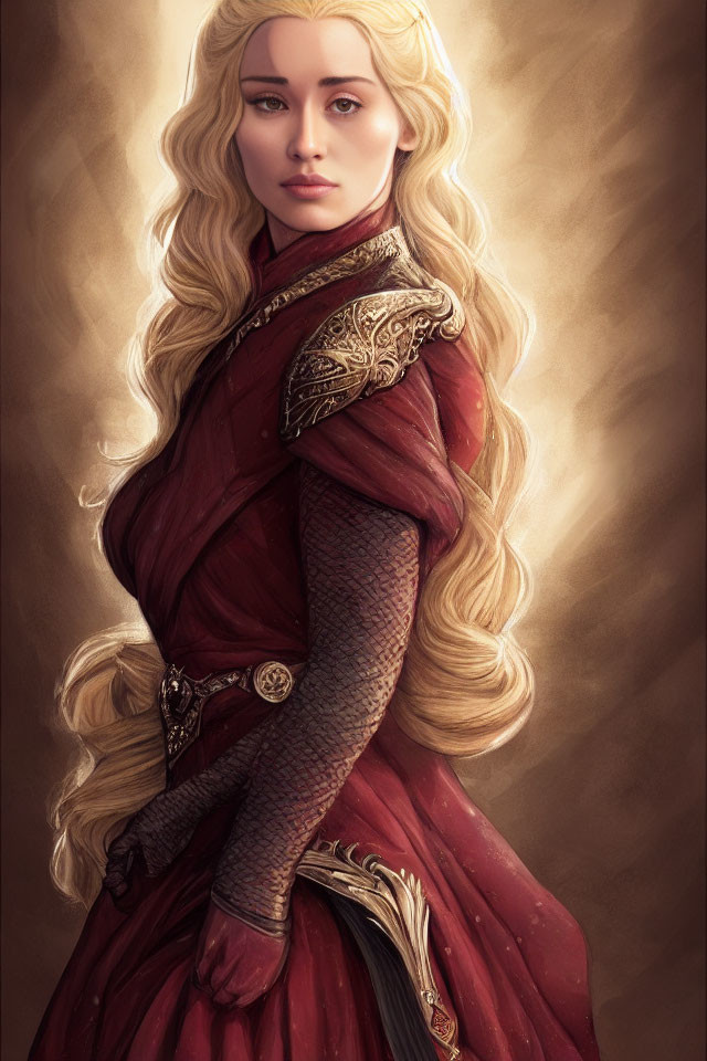 Blonde Woman in Red Medieval Gown with Chainmail Sleeves