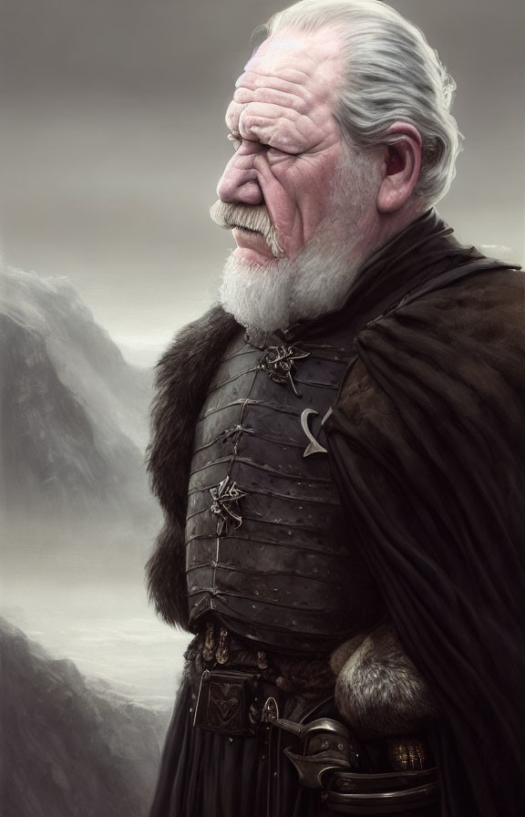 Elderly bearded man in medieval armor against misty mountain backdrop