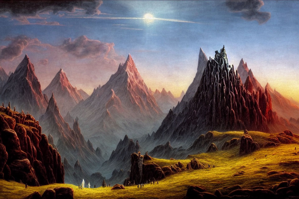 Dramatic mountain range painting with glowing moon and small figures