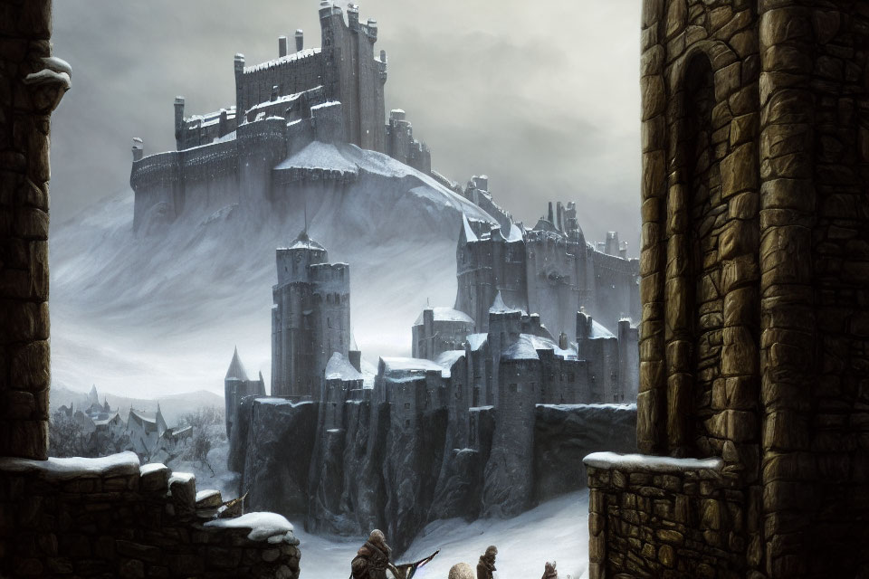 Medieval castle in snow with lone guard on hill