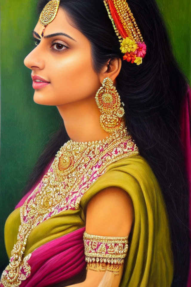 Traditional Indian Attire Woman in Green Saree Profile Portrait