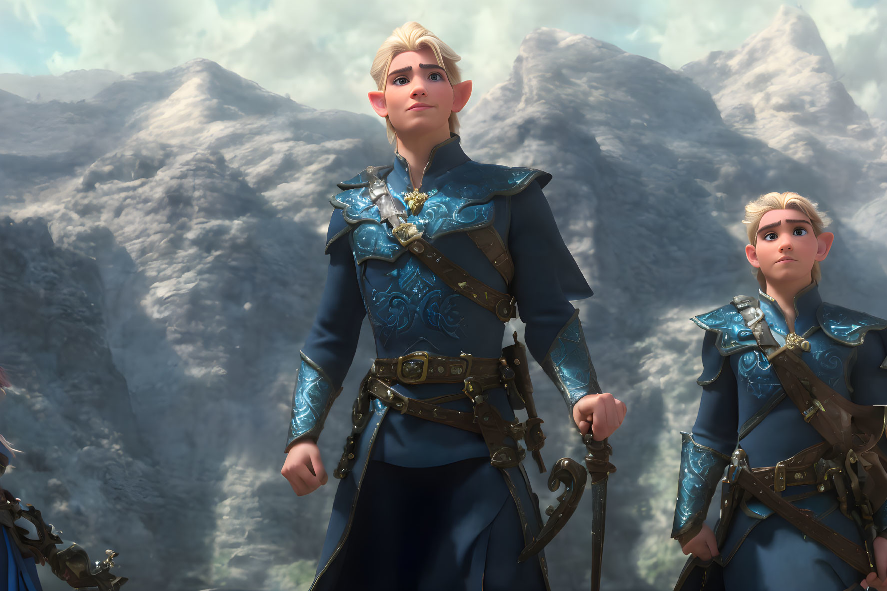 Ornate blue armored animated characters against mountain backdrop