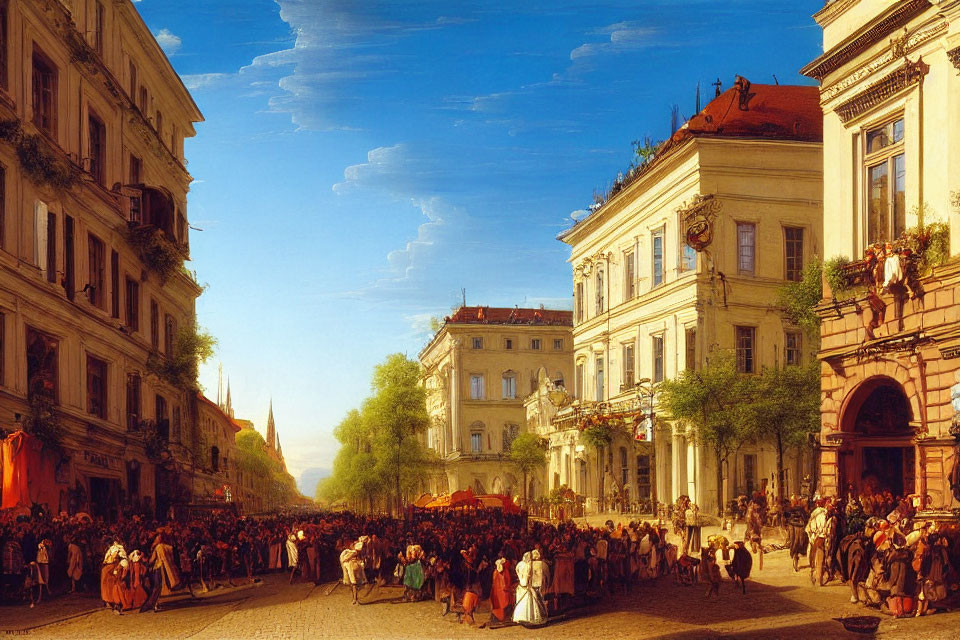 Historical European Street Scene with People in Period Attire and Horse-Drawn Carriages