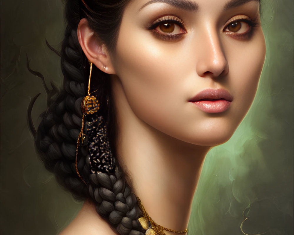 Digital portrait of woman with braided hairstyle, golden eye makeup, ornate earrings on muted background