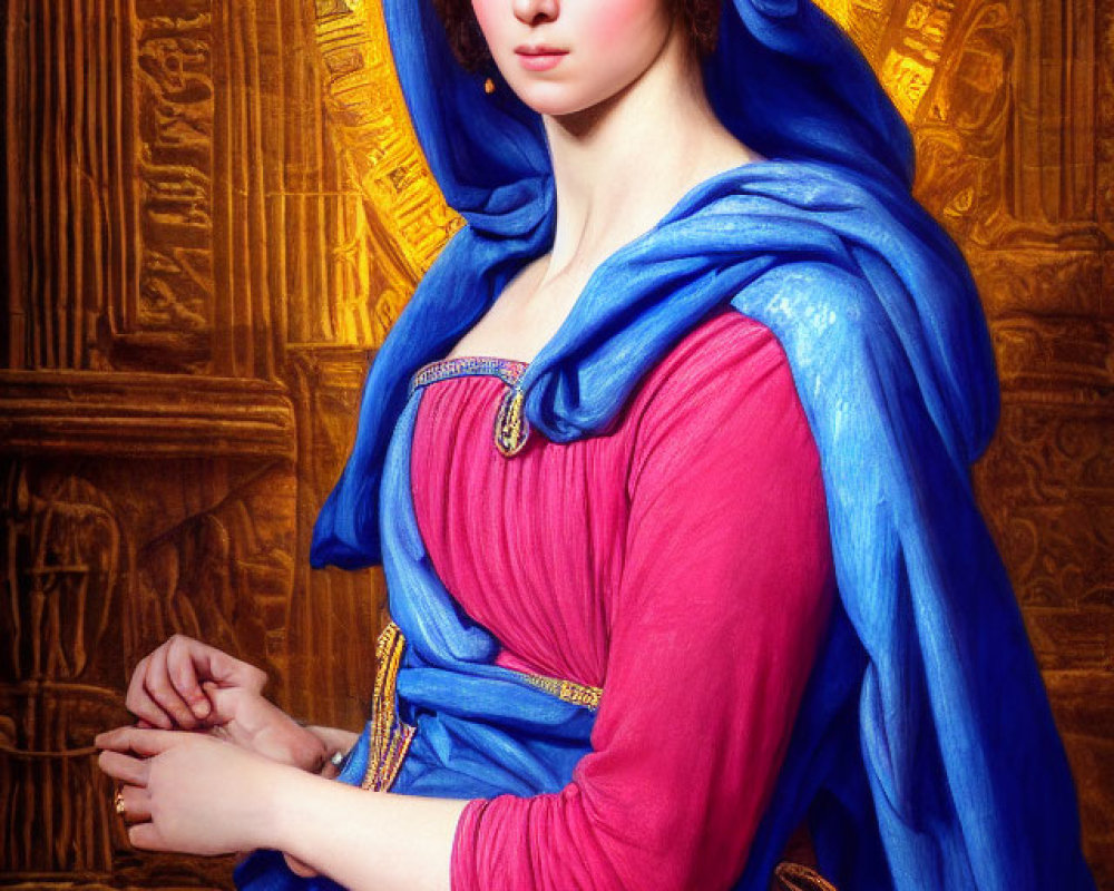 Classical portrait of woman in blue head covering and pink dress by wooden door