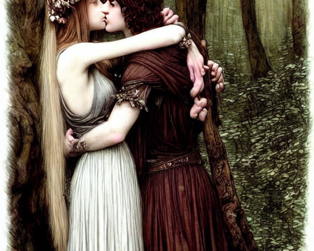 Romantic Couple Embracing and Kissing in Mystical Forest