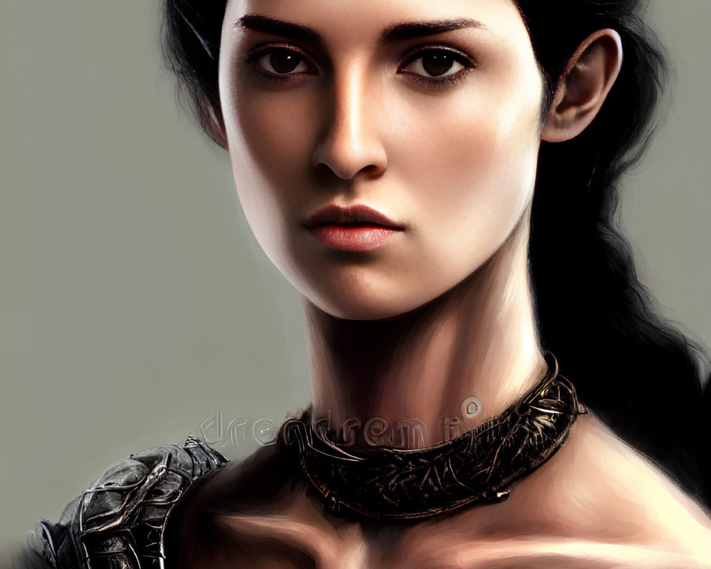 Digital portrait of a woman with dark hair, fur attire, and metal choker, embodying a