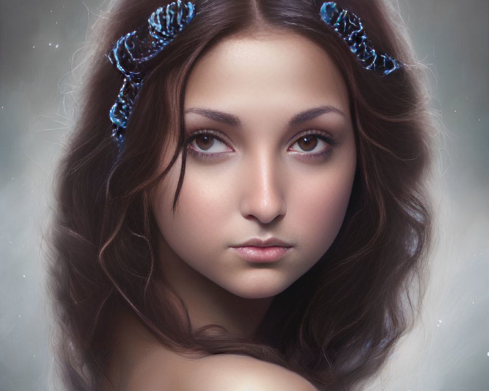 Digital portrait of a woman with long flowing hair and glowing blue crystals.