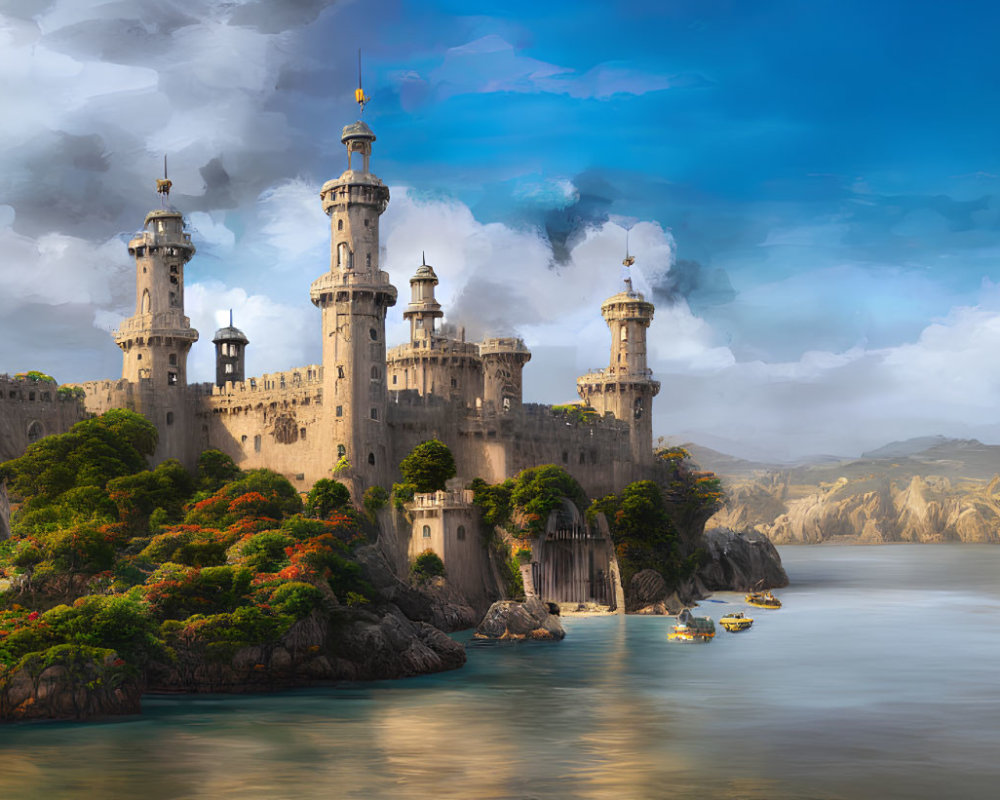 Stone castle with spires on coastal cliff in lush setting under dramatic sky