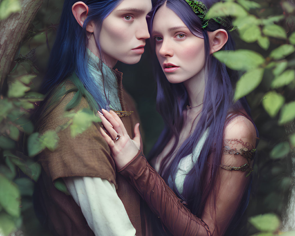 Fantasy Elf-Like Characters with Pointed Ears and Blue Hair in Intimate Pose among Green