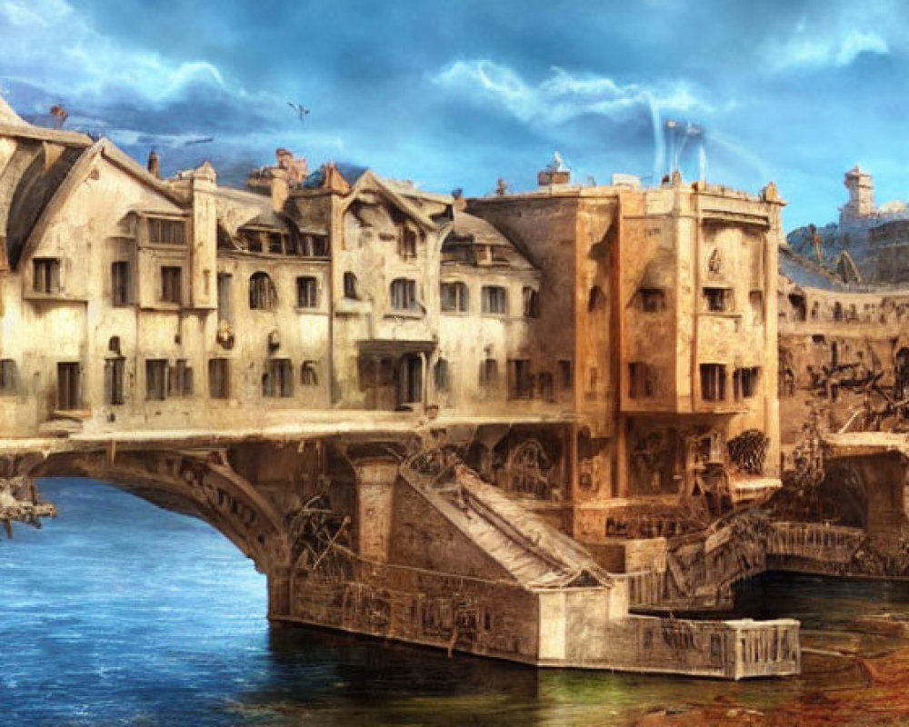 Fantastical ancient city panorama with stone bridge and cloudy sky