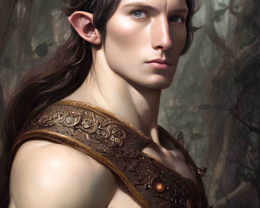 Detailed artwork: Elf with pointed ears, long hair, intense gaze, ornate leather armor in forest