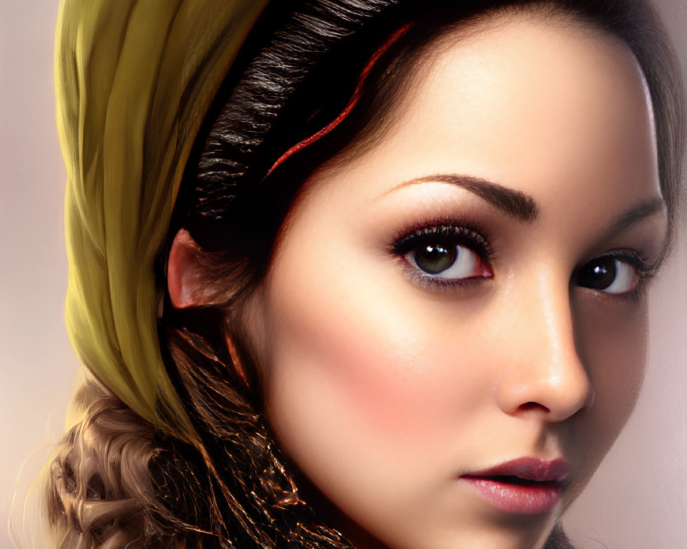 Portrait of woman with yellow headscarf, braided hair, and captivating makeup.