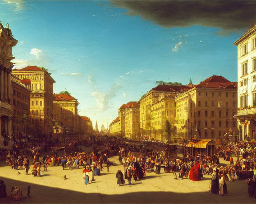 Classical city square with elegantly dressed people and horse-drawn carriages