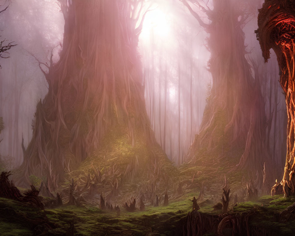 Mystical enchanted forest with ancient trees and intricate roots