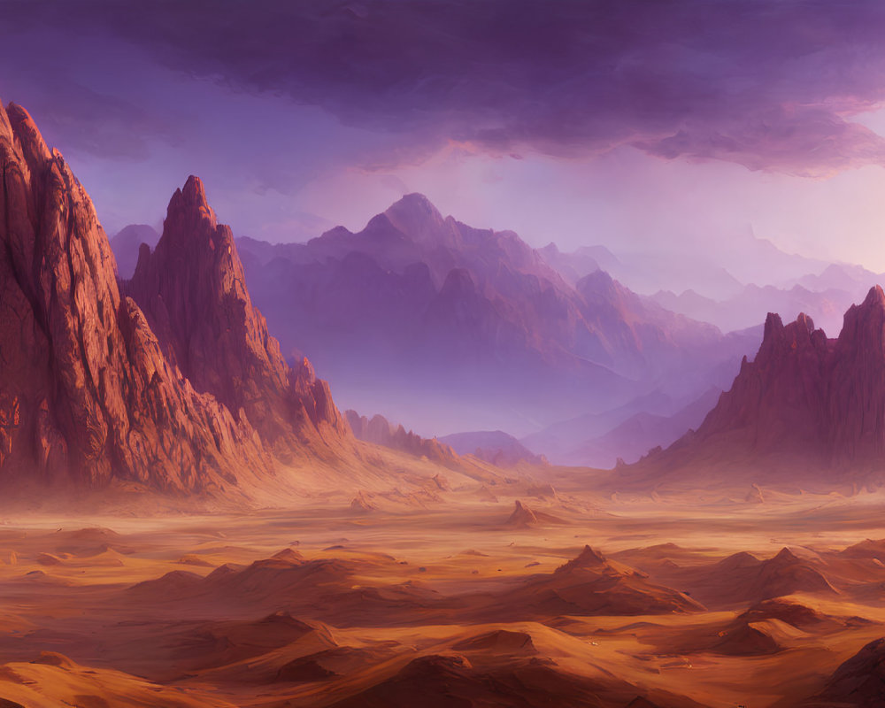 Sunset desert landscape with rocky peaks, sandy dunes, and purple sky