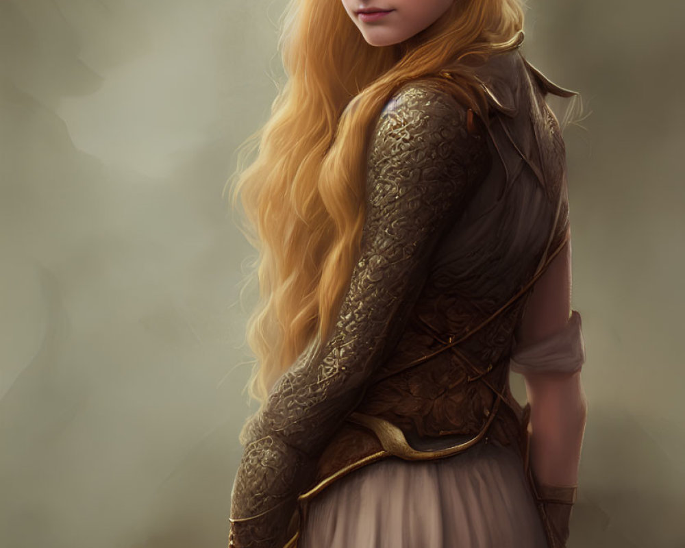 Digital painting of woman in medieval dress and armor with sword and blonde hair