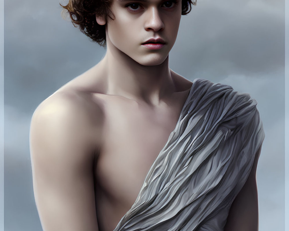 Young man with curly hair and intense gaze, bare-chested, draped in gray cloth against cloudy sky