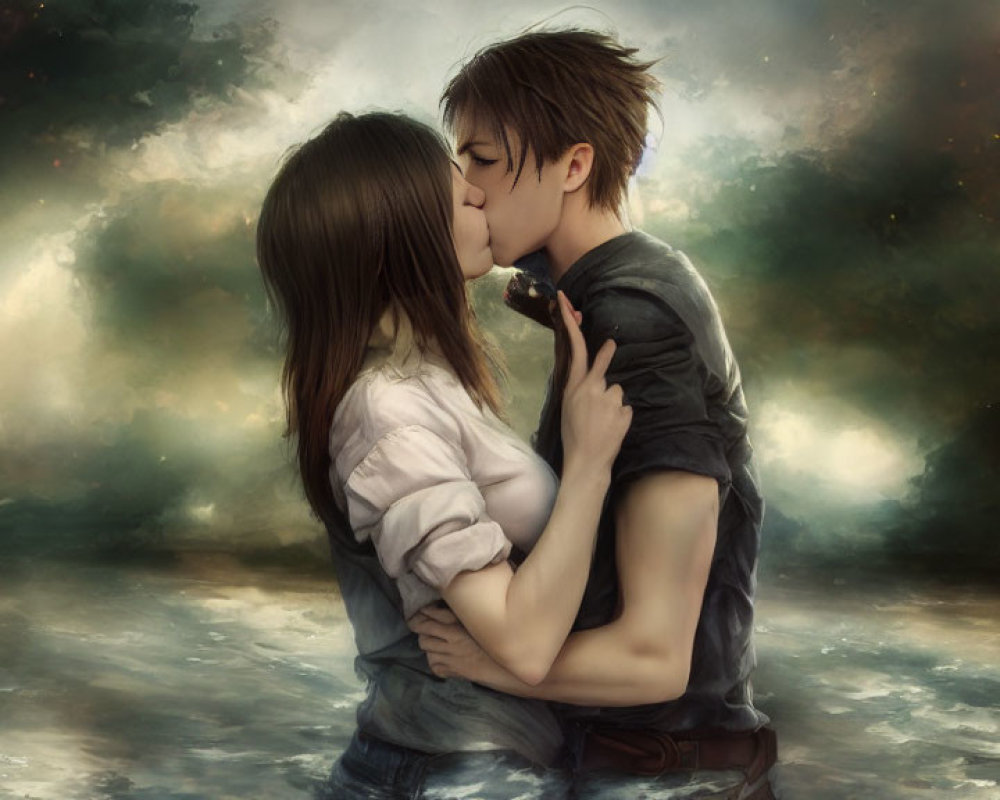 Animated characters kissing under dramatic cloudy sky