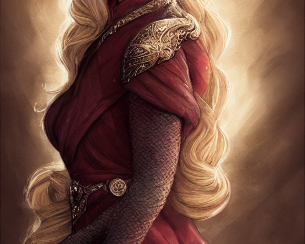 Blonde Woman in Red Medieval Gown with Chainmail Sleeves