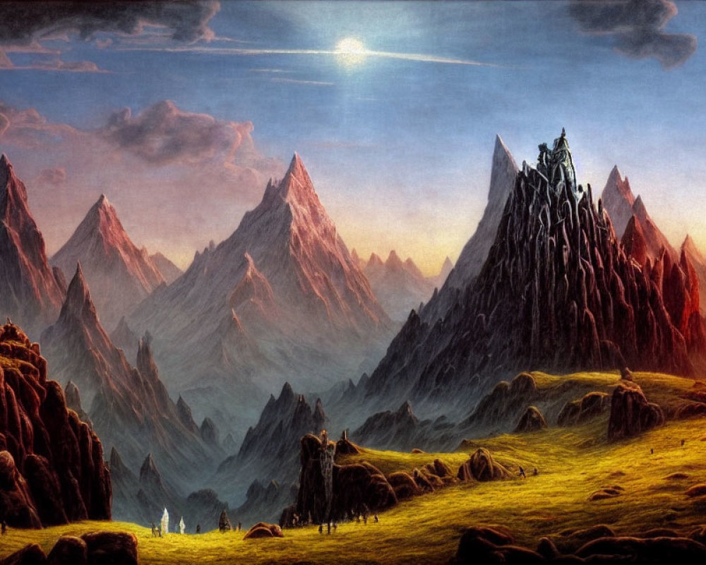 Dramatic mountain range painting with glowing moon and small figures