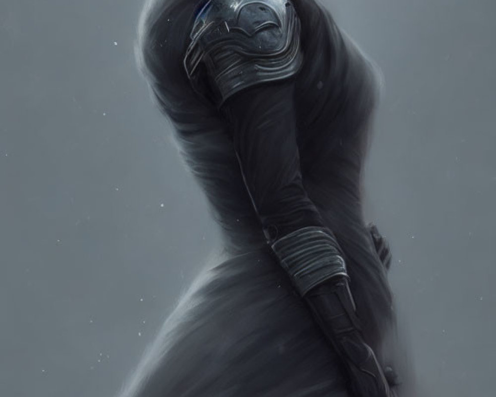 Digital painting of woman with red hair in grey armor, in misty environment