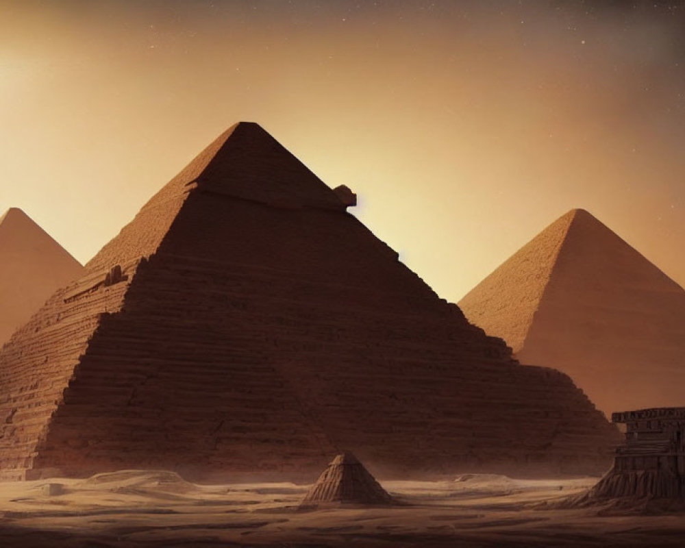 Ancient Egyptian pyramids and Sphinx under hazy orange sky