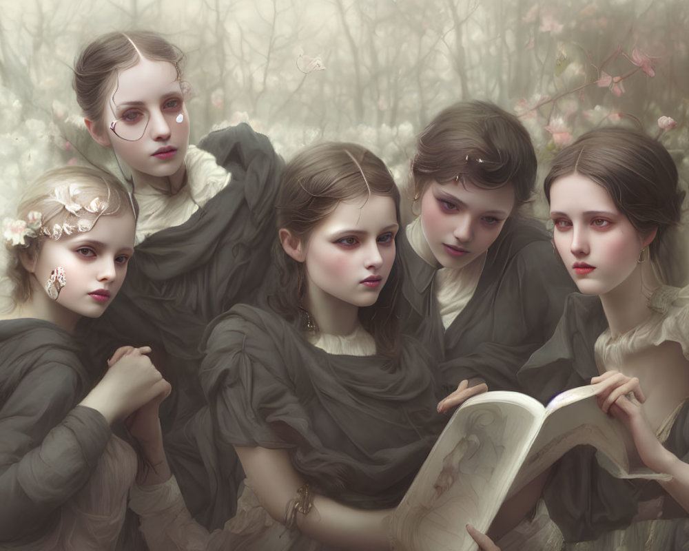 Five pale females in dark attire surrounded by mist and flowers, studying an open book