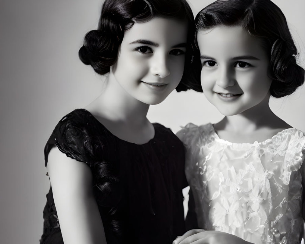 Two Girls in Elegant Black and White Dresses Smiling on Grey Background