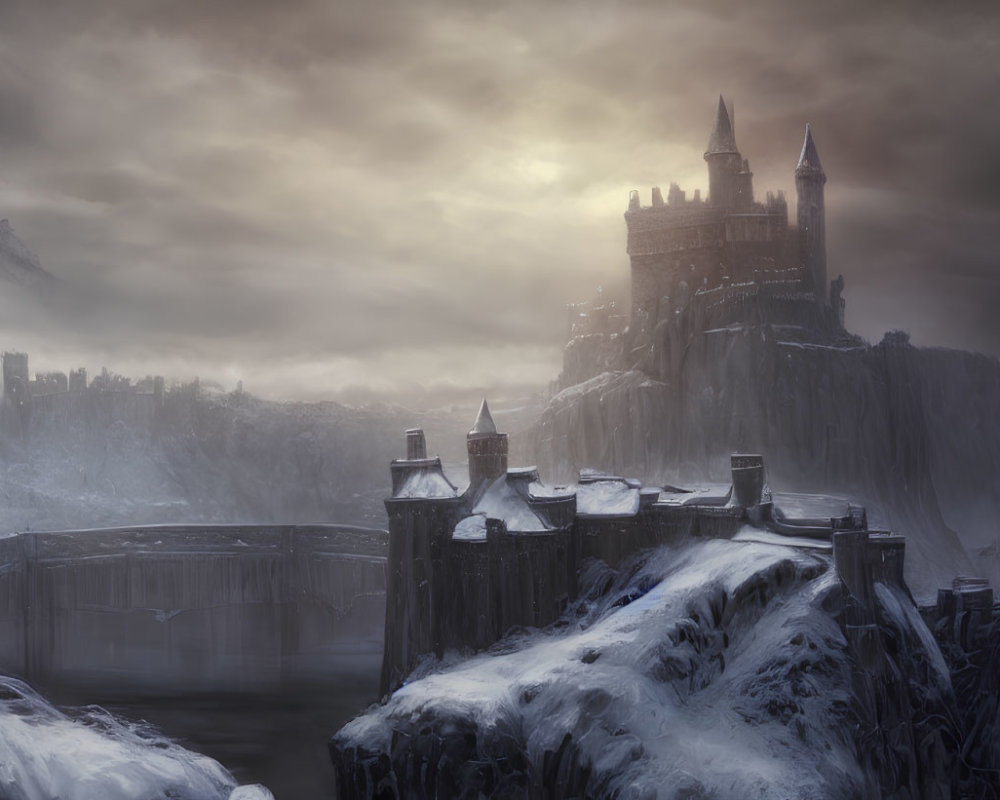 Mystical castle on icy cliffs under dramatic sky