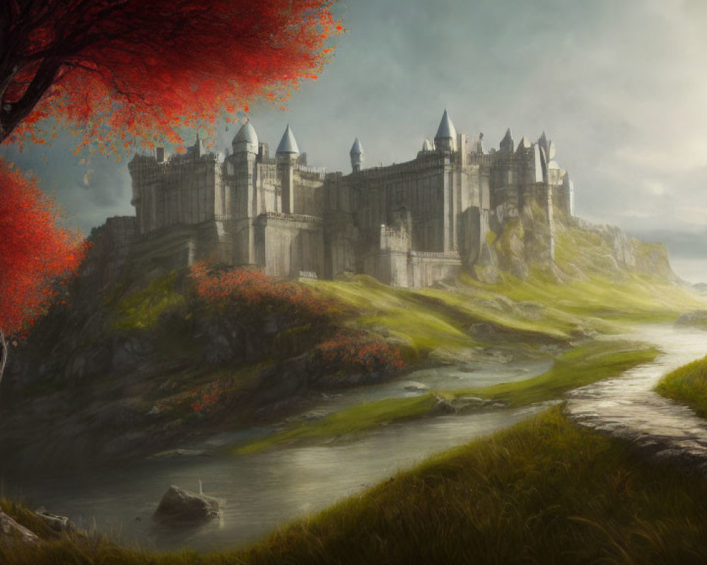 Majestic castle on cliffs with red tree and serene river