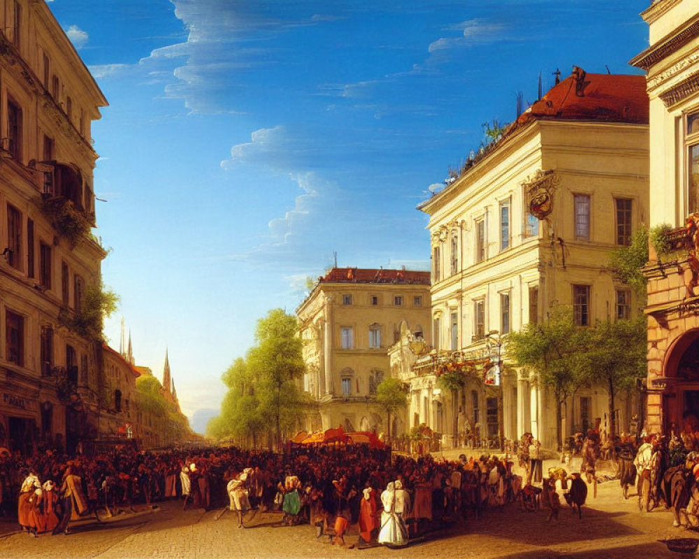 Historical European Street Scene with People in Period Attire and Horse-Drawn Carriages