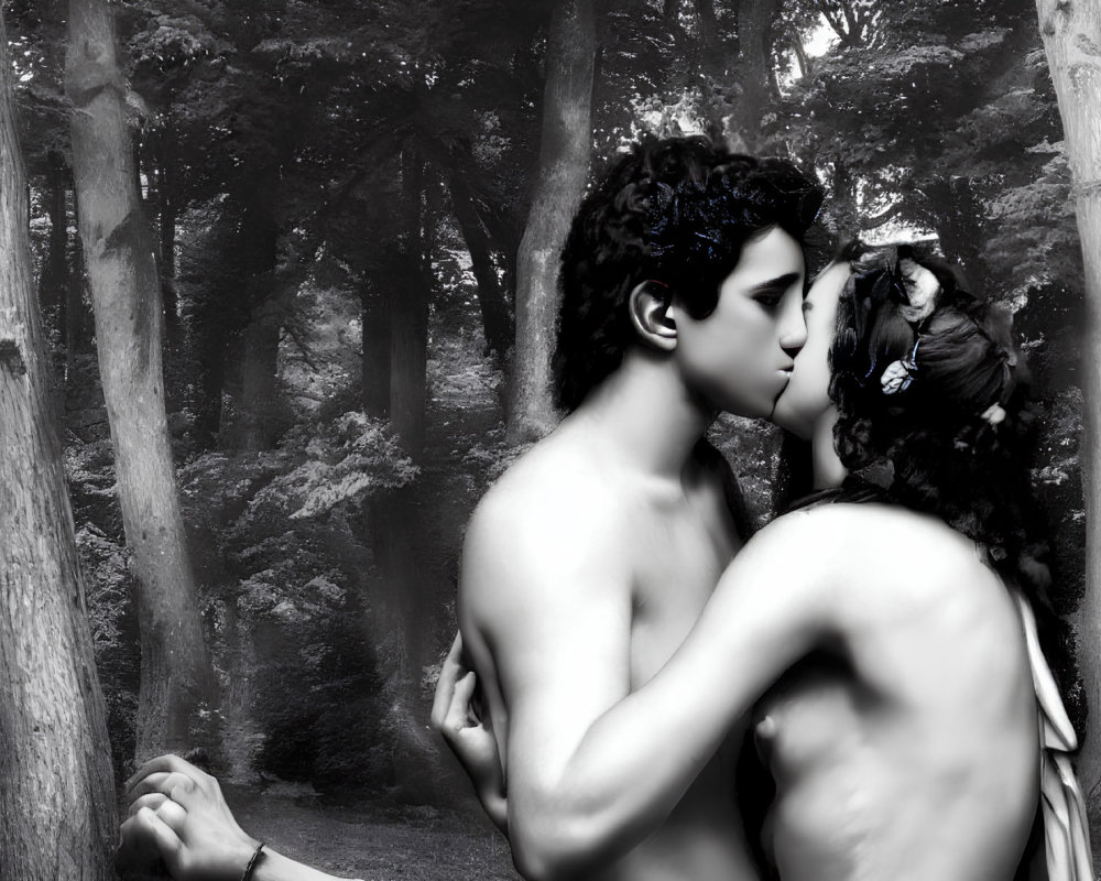 Monochrome image of shirtless man and woman embracing in misty forest